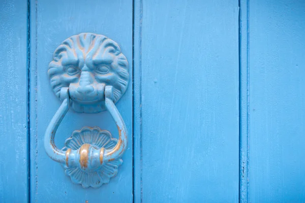 Frappeur de porte à tête de lion sur une vieille porte en bois — Photo