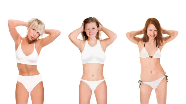 Tres Retratos Cerca Mujeres Jóvenes Delgadas Con Bikinis Blancos Aisladas —  Fotos de Stock