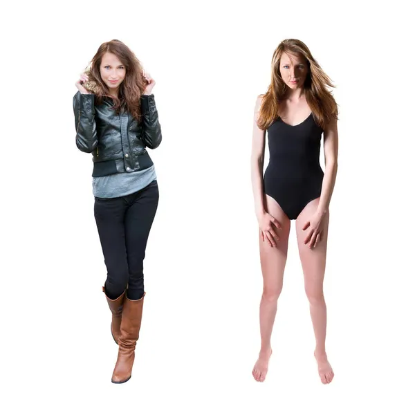 수영복을 매력적 여성의 화이트 스튜디오 배경에 고립되어 — 스톡 사진