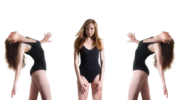 Tres Poses Una Hermosa Joven Vestida Con Traje Baño Negro —  Fotos de Stock