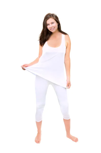 Happy Brunette Woman Wearing White Leggings Shirt Full Length Portrait — Stock Photo, Image