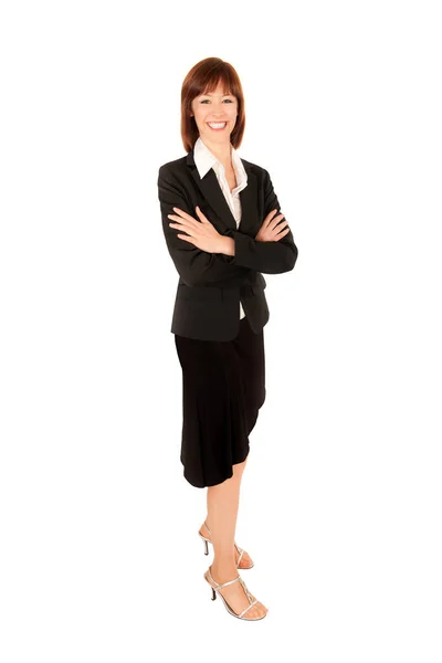 Full Length Portrait Beautiful Business Woman Wearing Black Blazer Skirt — Stock Photo, Image