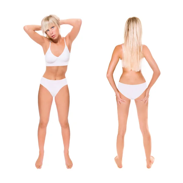 Pełna Długość Przodu Tyłu Widok Pięknej Blondynki Białym Bikini Studio — Zdjęcie stockowe