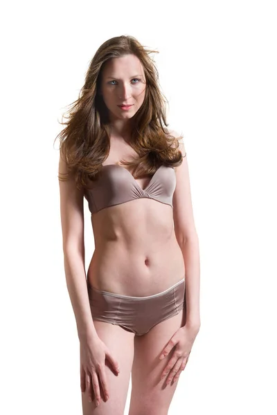 Potret Closeup Seorang Wanita Muda Ramping Mengenakan Bikini Seksi Terisolasi — Stok Foto