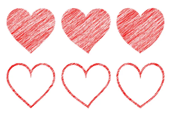 Six Scratched Red Hearts Symbol Love Isolated White Background — 스톡 사진