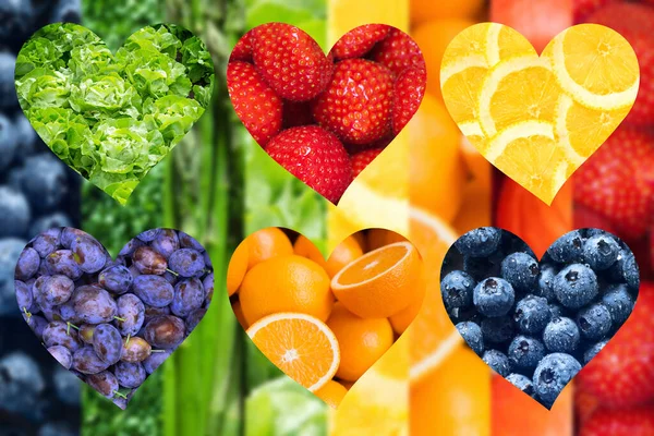 Gyümölcsök Zöldségek Szív Alakú Homályos Vegán Élelmiszer Háttérrel — Stock Fotó