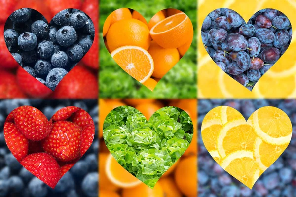 Gyümölcsök Zöldségek Szív Alakú Homályos Vegán Élelmiszer Háttérrel — Stock Fotó