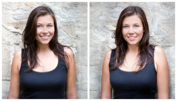 Δύο Κοντινά Υπαίθρια Πορτρέτα Μιας Νεαρής Χαμογελαστής Γυναίκας Που Φοράει Εικόνα Αρχείου