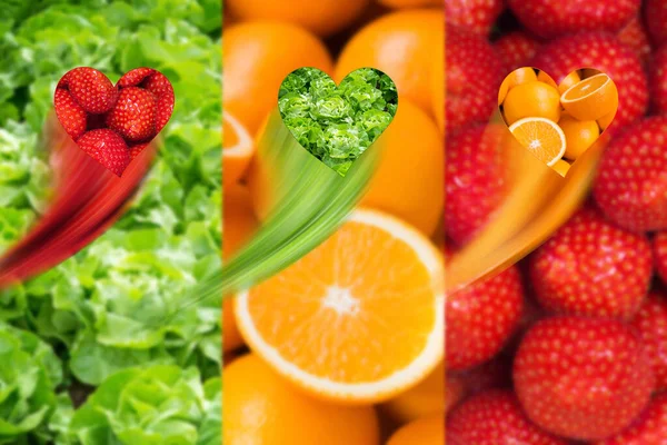 三颗心形的水果和蔬菜在运动 图库照片