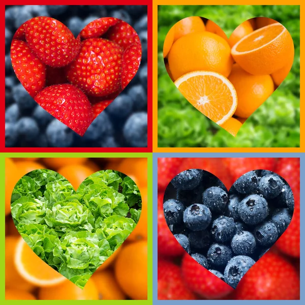 Vier Bunte Früchte Und Gemüse Herzform Auf Verschwommenem Veganem Hintergrund — Stockfoto