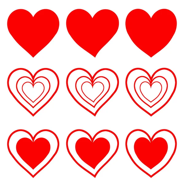 Дев Ять Різних Червоних Значків Серця Символ Любові Ізольовані Білому Стокове Фото