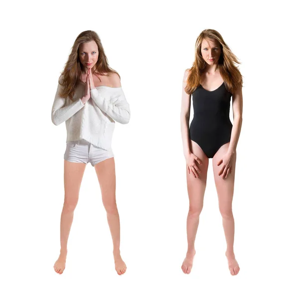 夏服を着た魅力的な若い女性と白いスタジオの背景に隔離された黒い水着の2つの完全な長さの肖像画 — ストック写真