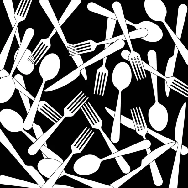许多刀具 叉子和勺子混杂在一起 象征着菜单或餐馆 白色图标被黑色背景隔开 图库图片