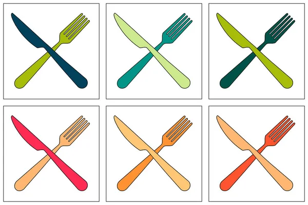 Forchetta Coltello Incrociati Simbolo Menu Ristorante Sei Diverse Icone Colorate — Foto Stock