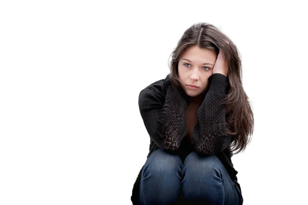 Retrato Uma Adolescente Triste Olhando Pensativo Sobre Problemas Isolado Fundo — Fotografia de Stock