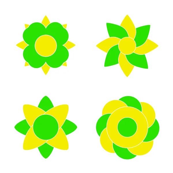 Fyra Abstrakta Blommor Grön Och Gul Blomma Ikoner Isolerade Vit Stockbild