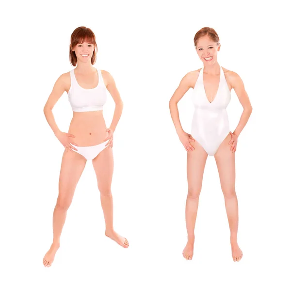 Dwa Pełnowymiarowe Portrety Młodej Atletycznej Kobiety Białym Bikini Kostiumie Kąpielowym — Zdjęcie stockowe