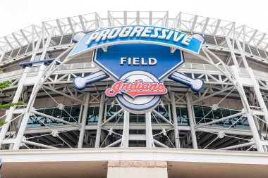Progressive Field sign in front of the stadium in the center of Cleveland clipart