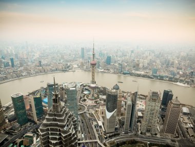 Panoramic view of shanghai at dusk clipart