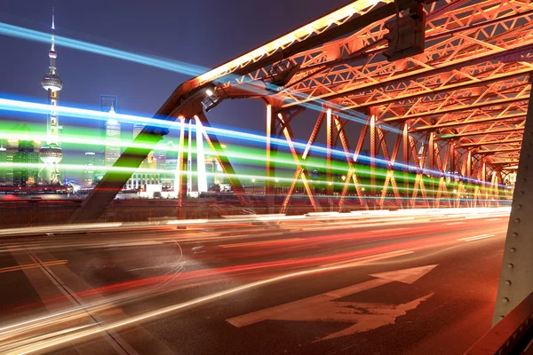 Light trails on the old bridge in shanghai — Stock Photo, Image