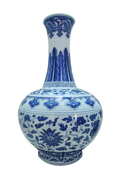 Azul e branco com vaso vitrificado de lotus scroll — Fotografia de Stock