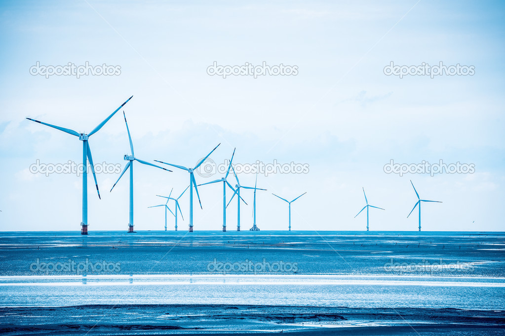 wind power farm in coastal mud flat