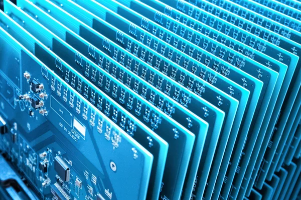 A row of blue communication circuit board closeup — Stock Photo, Image