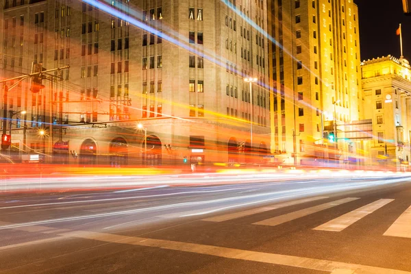 Shanghai bund at night , historical buildings with light trails — Stock Photo, Image