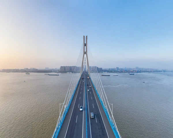 Paisagem Anqing Ponte Cabo Estada Rio Yangtze Crepúsculo Província Anhui — Fotografia de Stock