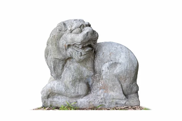 Charmingly Naive Ancient Stone Lion Statue Isolated White Clipping Path — Stock Photo, Image