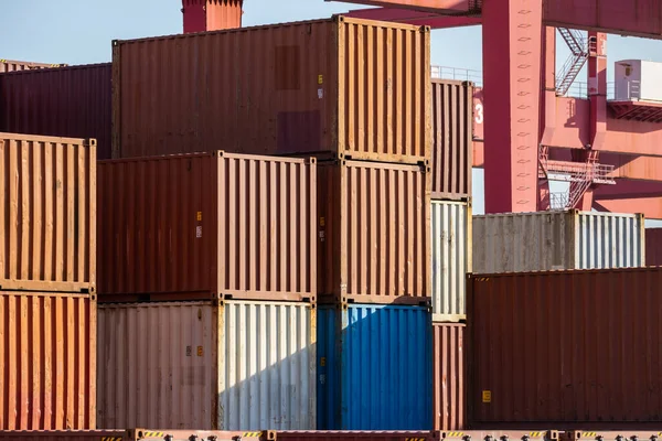 Container Yard Closeup Modern Logistics Background — Stockfoto