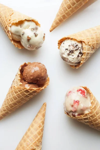 Variety Ice Cream Flavors Waffle Cones White — стокове фото