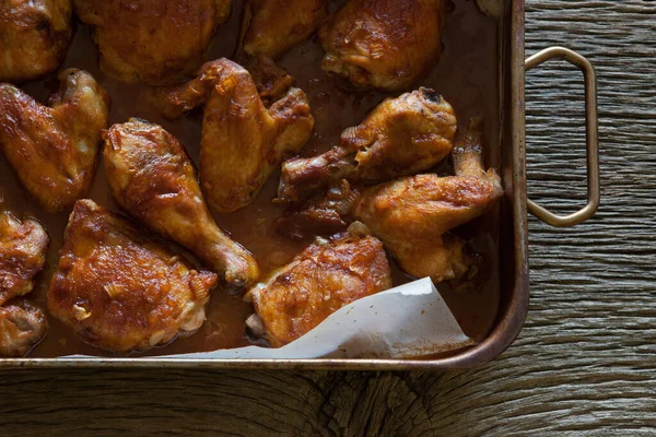 Baked Marinated Chicken Wings Breasts Thighs Roasting Pan — Stock Photo, Image