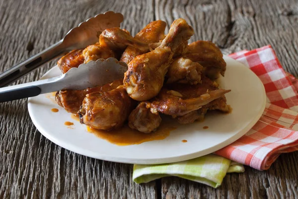 Baked Marinated Chicken Wings Breasts Thighs Piled Plate — Stock Photo, Image