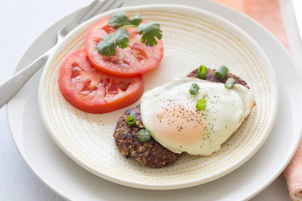 Breakfast One Mexican Style Black Bean Cakes Fried Eggs Sliced — Stock Photo, Image