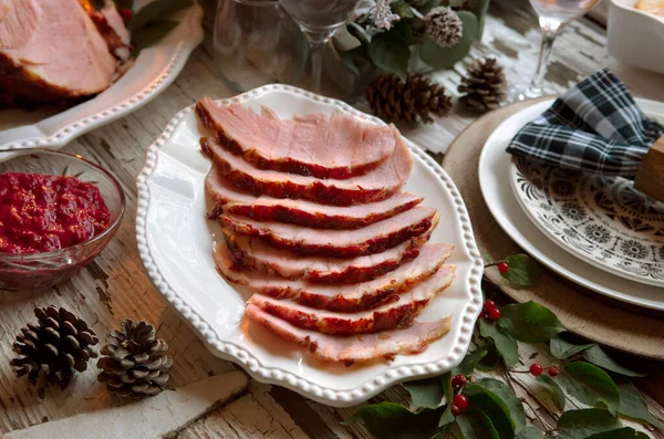 Holiday Ham Platter Table Spread Formal Place Settings — Stock Photo, Image
