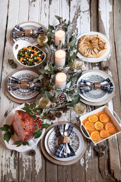 Rustic Holiday Table Spread Ham Sweet Potatoes Pear Galette Squash — Stock Photo, Image