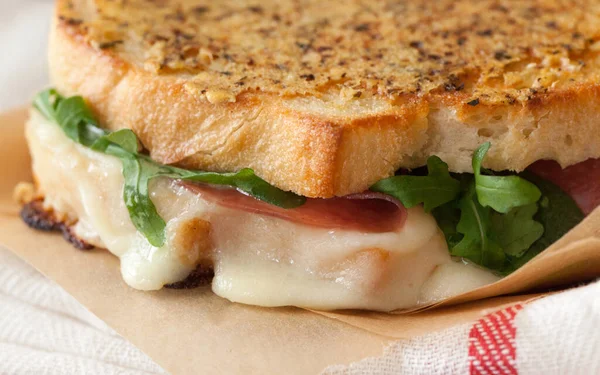 Gooey Italian Mozzarella Salami Grilled Cheese Parmesan Toasted Italian Bread — Stock Photo, Image