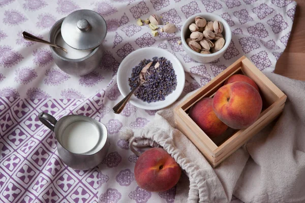 Peach Dessert Ingredients Purple Fabric Background — Stock Photo, Image