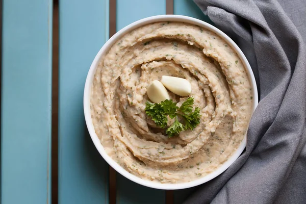 Hummus Ail Rôti Trempette Fête Snack Santé — Photo