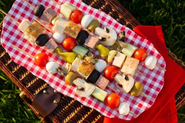 Kırmızı Gingham Tabağındaki Antipasto Şişleri ile Piknik Sepeti