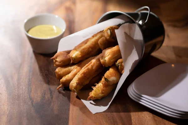 Fried Pickle Appetizer Honey Mustard Dipping Sauce — Stock Photo, Image
