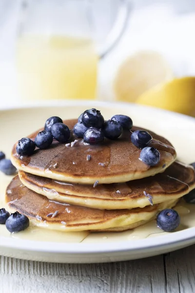 Light Lavendar Lemon Pancakes Blueberries — Stock Photo, Image