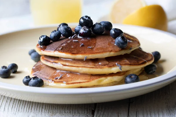 Light Lavendar Lemon Pancakes Blueberries — Stock Photo, Image