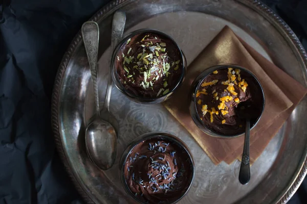 Dark Chocolate Mousse Variety Toppings Stockbild