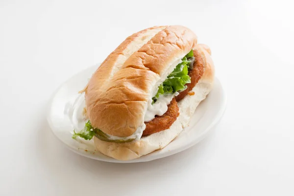 Breaded Chicken Sub Sandwich Lettuce Mayo Pickles — Stock Photo, Image