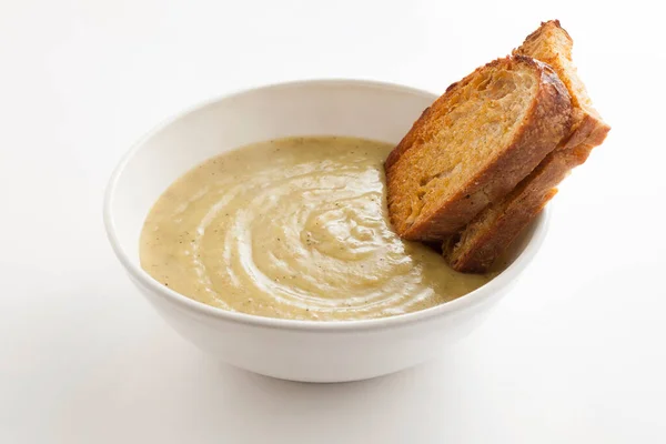 Creamy Potato Leek Soup Crostini Bread Toast — Stock Photo, Image