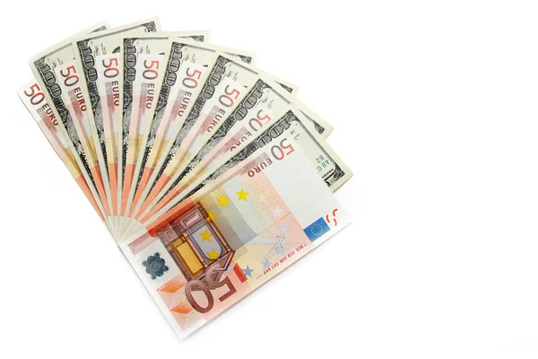 Dólares e Euro — Fotografia de Stock
