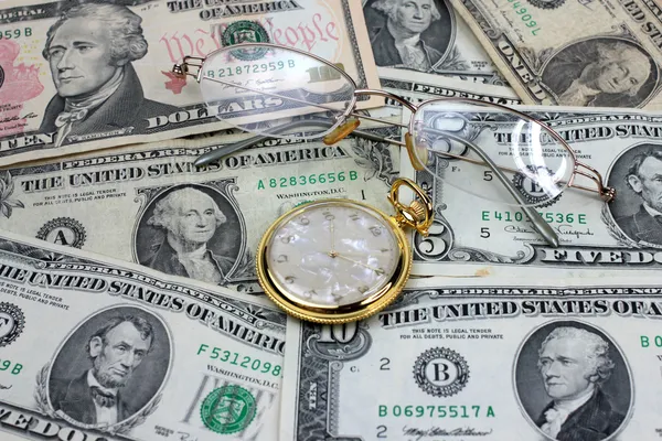 Occhiali dollari orologio — Foto Stock