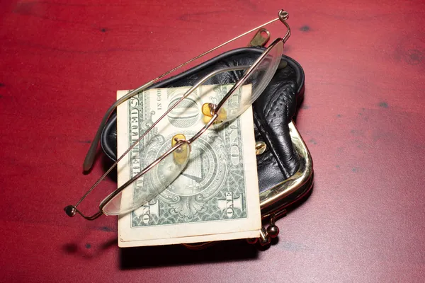 Bolsa, óculos, dólares — Fotografia de Stock